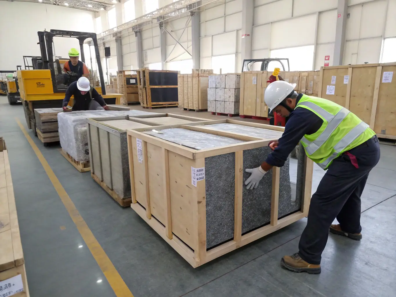 A photograph of Home Stones' secure and professional packaging methods, showing stones carefully wrapped and placed in sturdy crates ready for export.