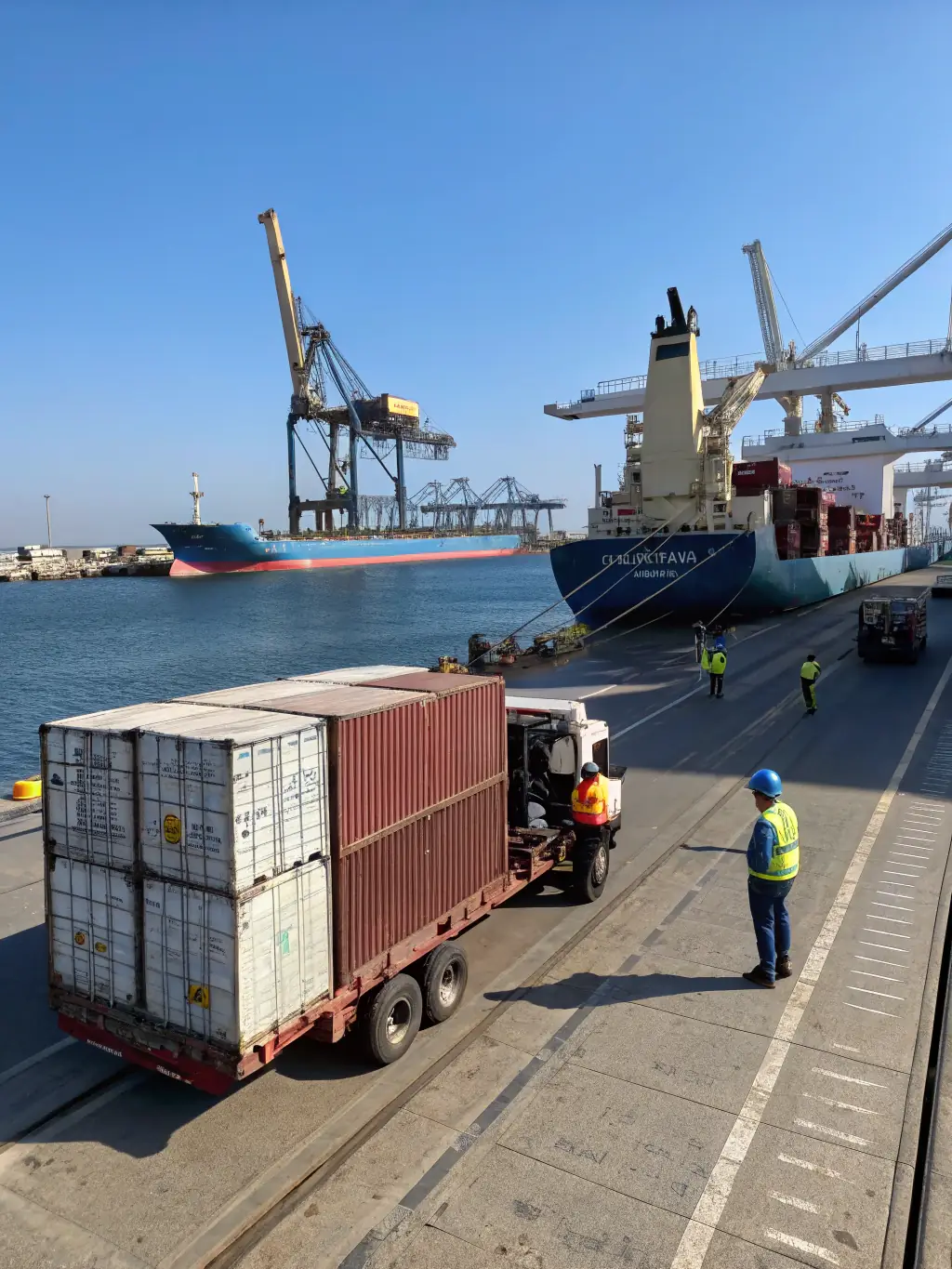A container ship being loaded with Home Stones' products, highlighting the global reach and efficient logistics of the company.